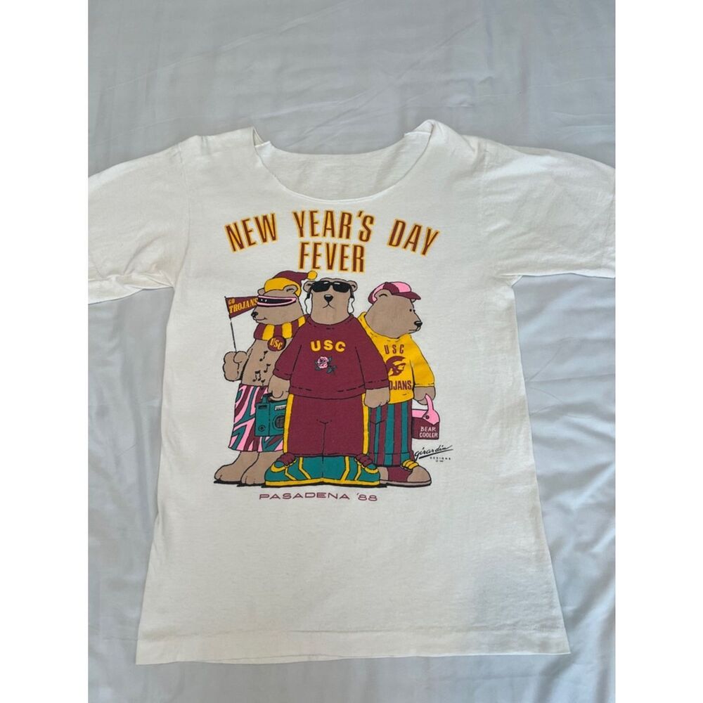 Vintage 1988 USC 'New Year's Day Fever' Graphic Tee White with Maroon Gold EVC
